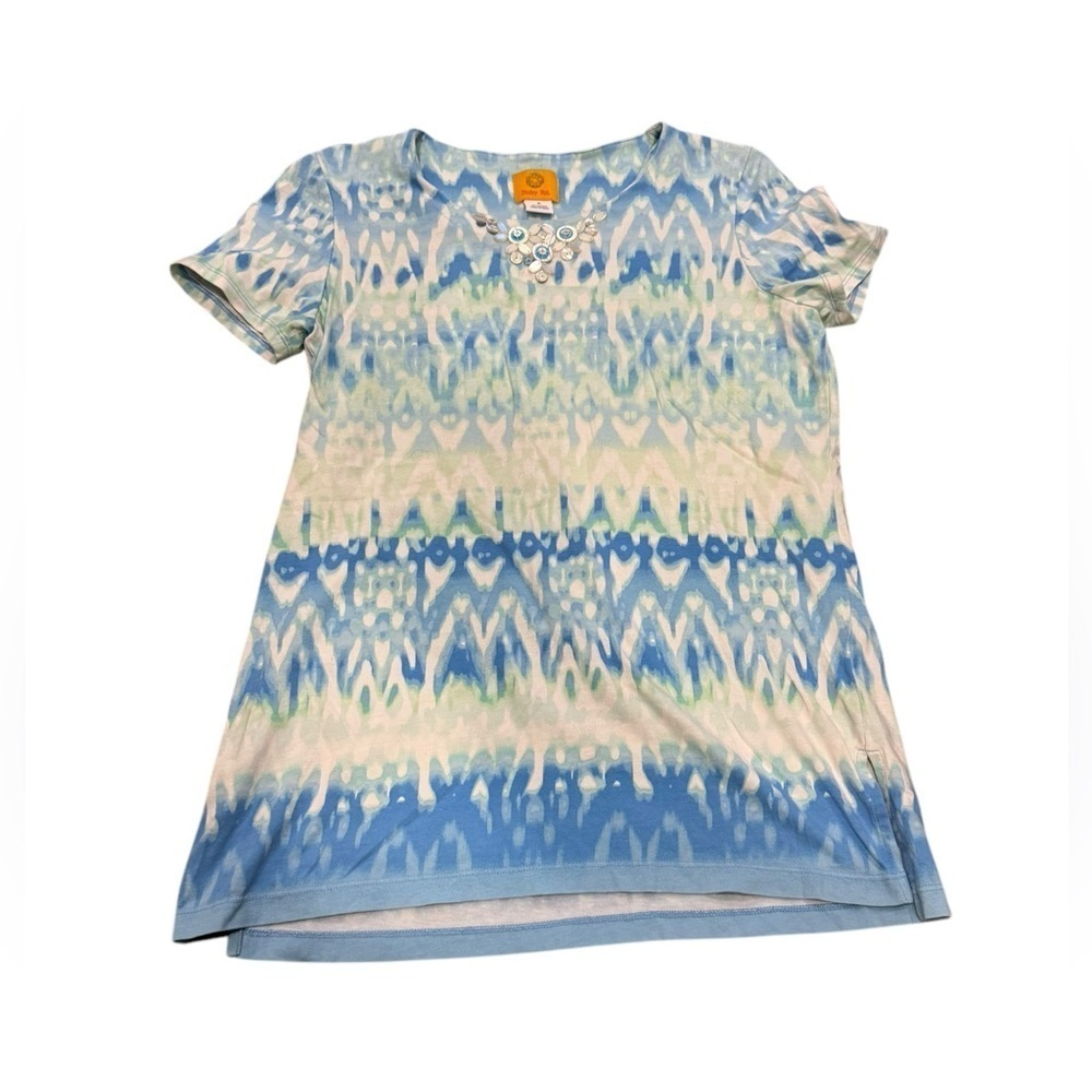 EUC Blue & White tie dye Ruby Rd Embellished neckline tee tropical resort boho S
